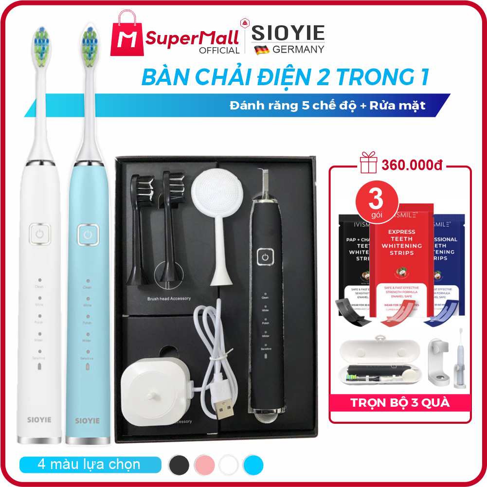 [Full Quà] Bàn chải đánh răng điện 3 trong 1 Sioyie - Đánh răng, rửa mặt, chăm sóc nướu | Sạc không dây, chống nước IP 67, bàn chải điện đa năng 5 chế độ
