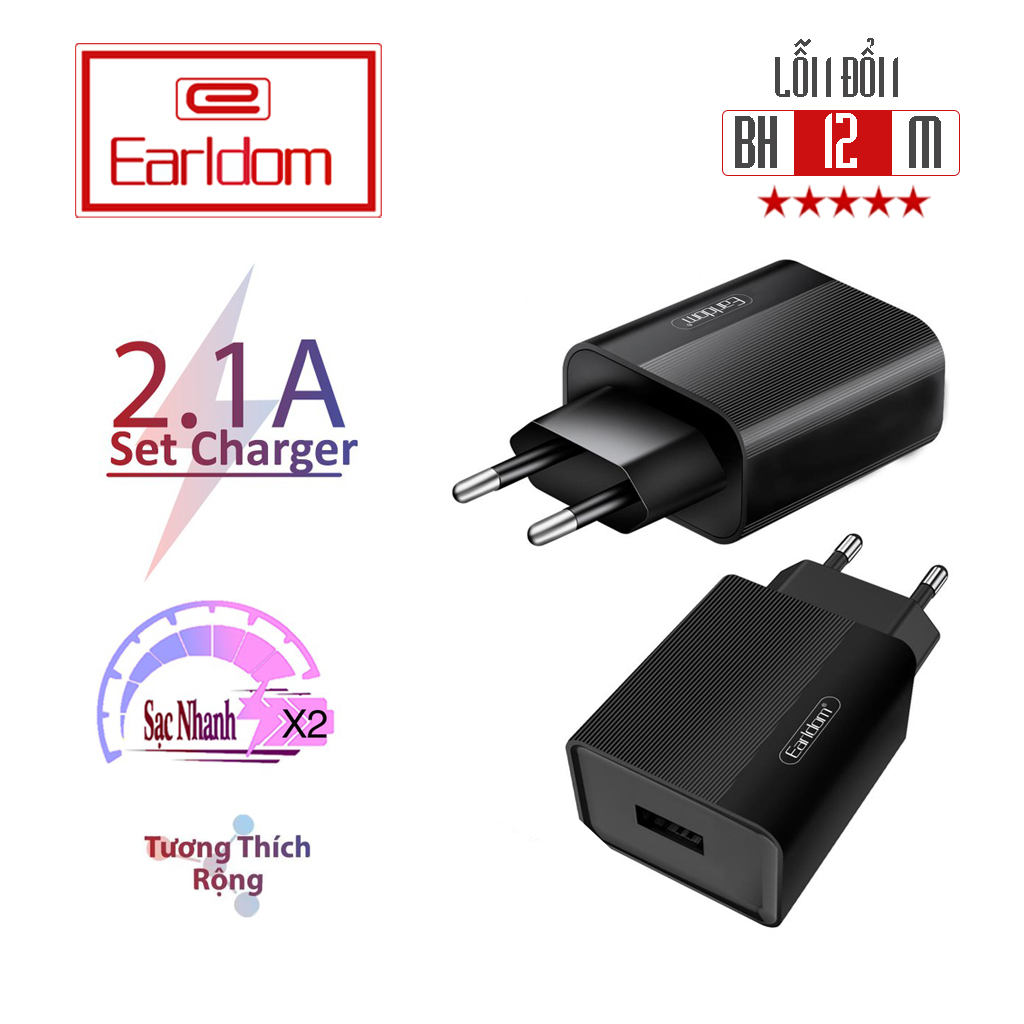 Củ Sạc Nhanh Earldom FLH-201 cổng kết nối USB 2.1A Cho Các Dòng Cáp Sạc Điện Thoại - IPhone Samsung Oppo Xiaomi Huawei