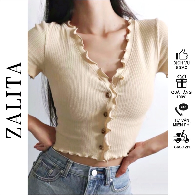 Áo croptop nữ kiểu ôm tay ngắn cổ tim thun body zalita a005