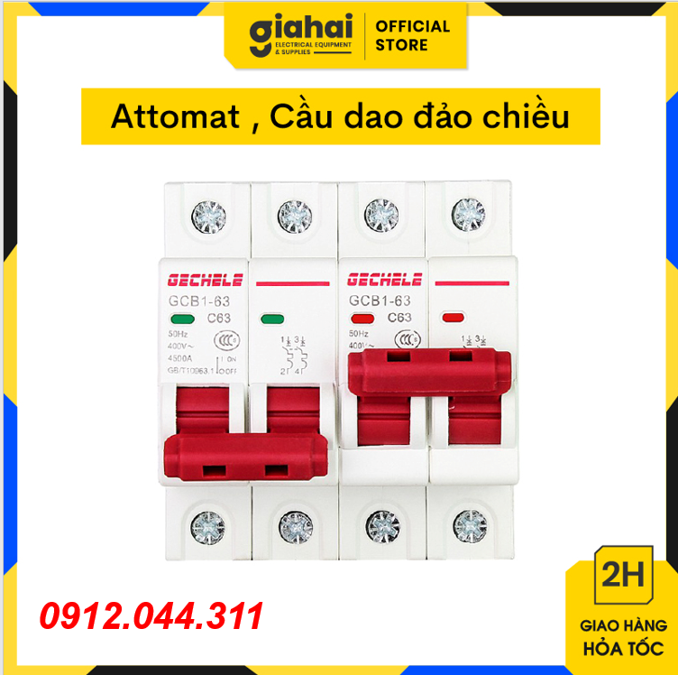 Attomat đảo chiều 2p 63a, cầu dao đảo chiều 2p 63a gcb1-63 gechele tbd94