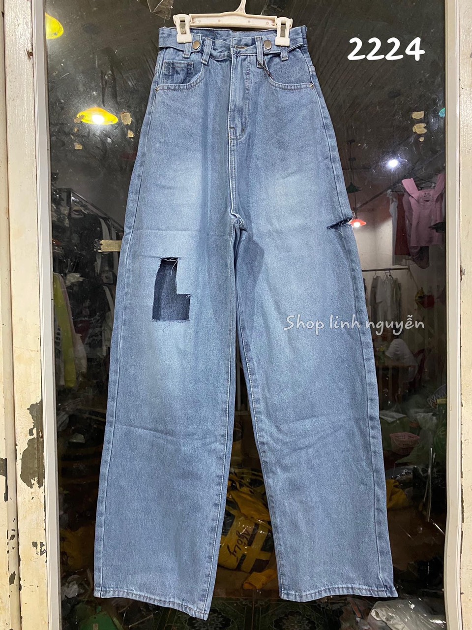 Baggy jeans ống suông đai nút rách ô dài 100cm