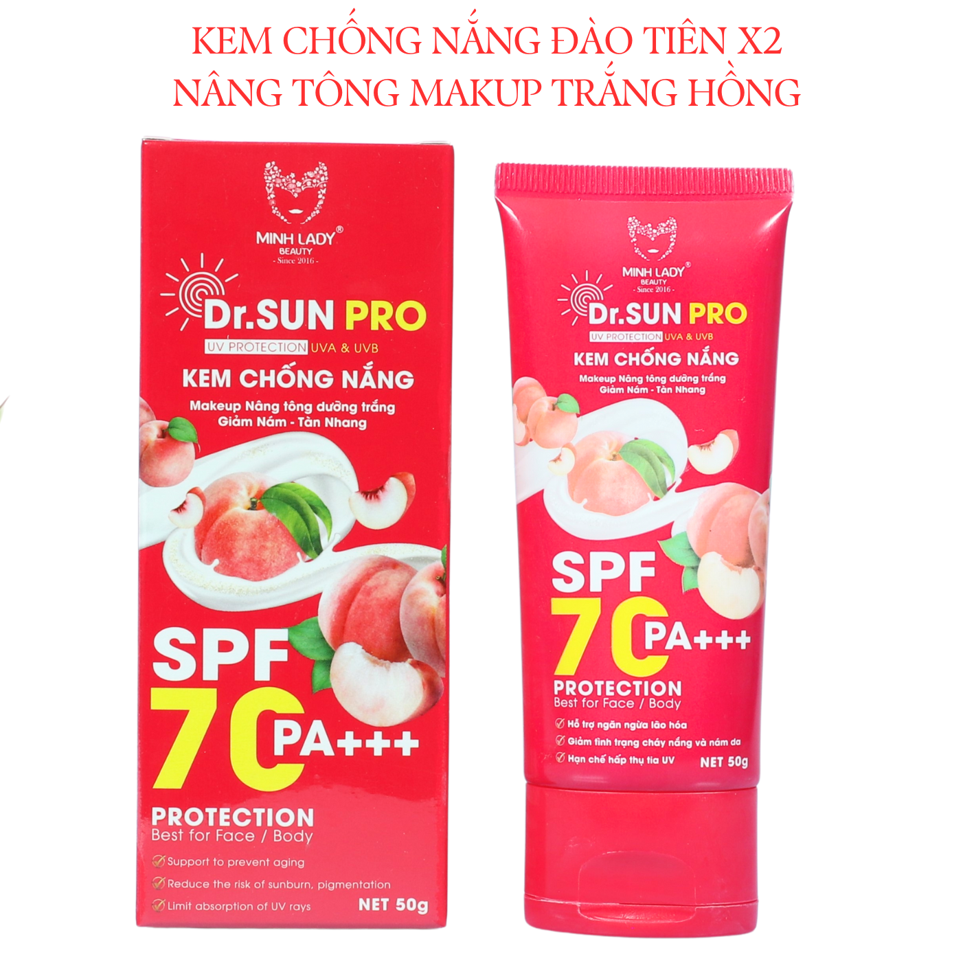 Kem chống nắng Dr.Sun Pro Minh Lady Beauty SPF 70 PA +++ tuyp 50gr dành cho mọi loại da Mụn, nám, dầu