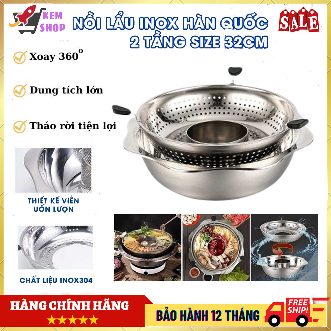 Nồi lẩu inox xoay 2 tầng hàn quốc, nồi lẩu đa năng 2 ngăn dùng được bếp từ và bếp gas, nồi lẩu inox dày dặn với 2 ngăn chia tiện lợi, xoong ăn lẩu inox 32cm