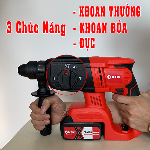 Máy khoan đục bê tông Ken Kn8332 dùng pin 3 chức năng-Động cơ từ-2 Pin khủng--Bảo hành 6 tháng