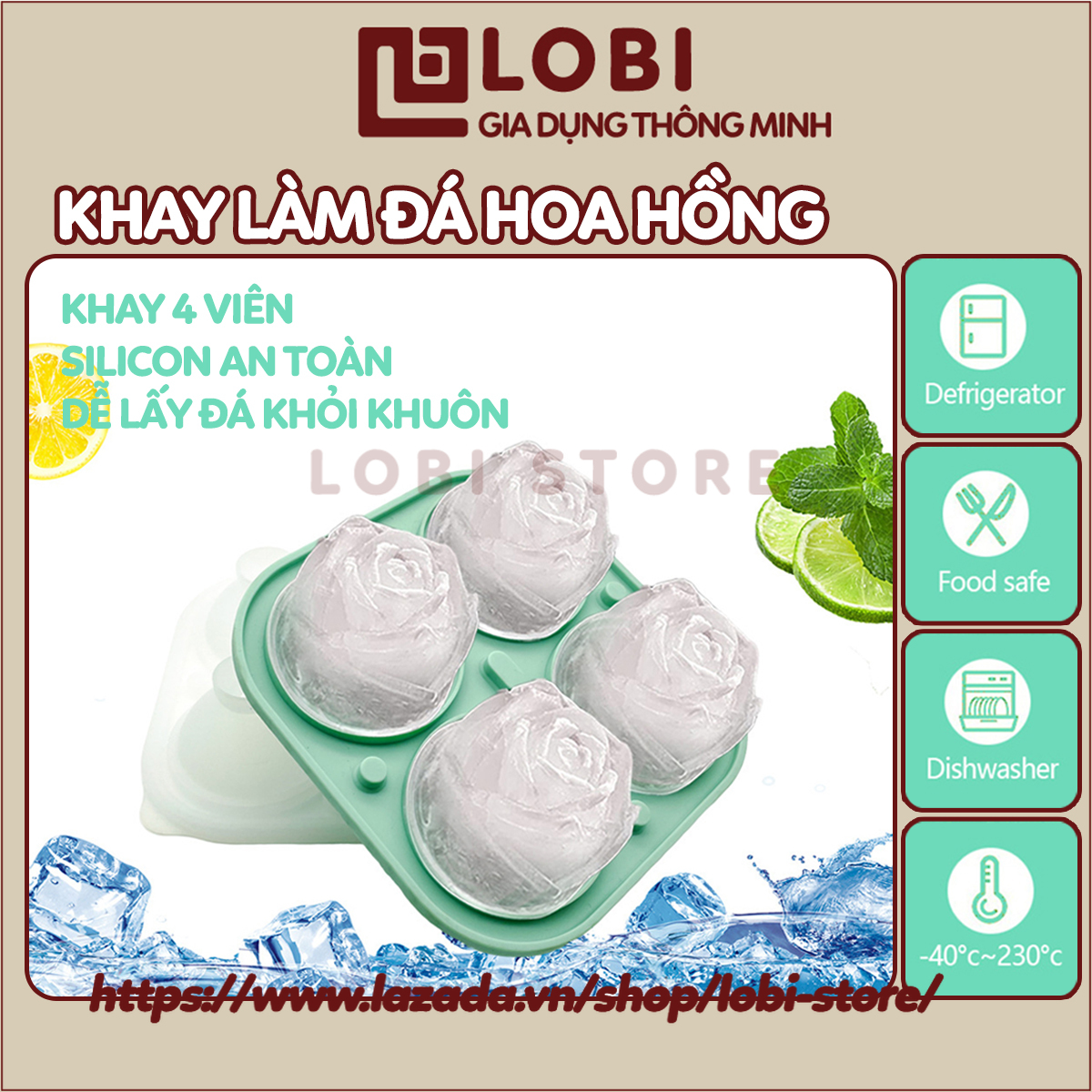 Khay làm đá hình hoa hồng silicon dễ lấy đá, khay làm thạch hoa quả có nắp đậy