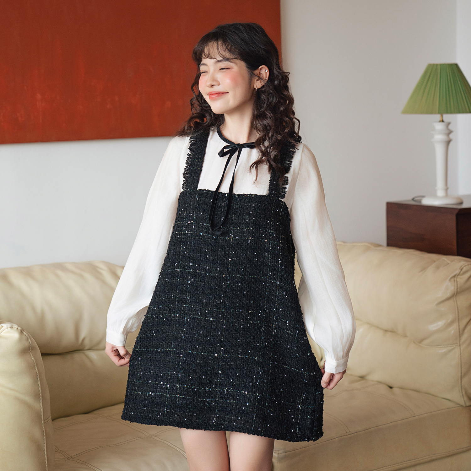 BLEUBIRD Váy dáng suông vải tweed phối tơ buộc nơ Hotaru Dress