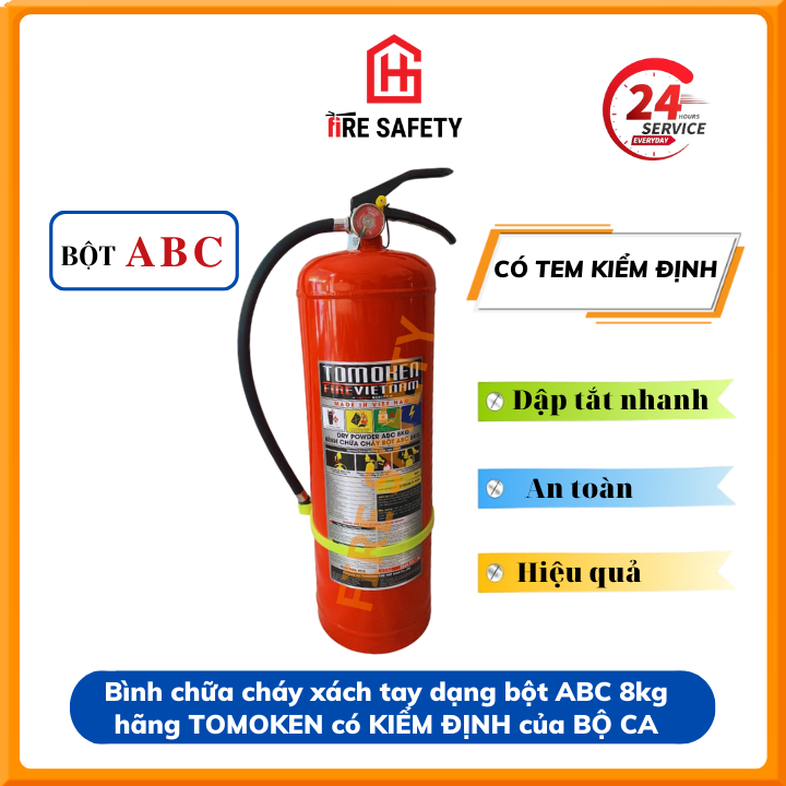 Bình cứu hỏa , bình chữa cháy xách tay dạng bột abc 8kg tomoken, tmk-vj/abc 8kg , đã kiểm định công nghệ nhật bản