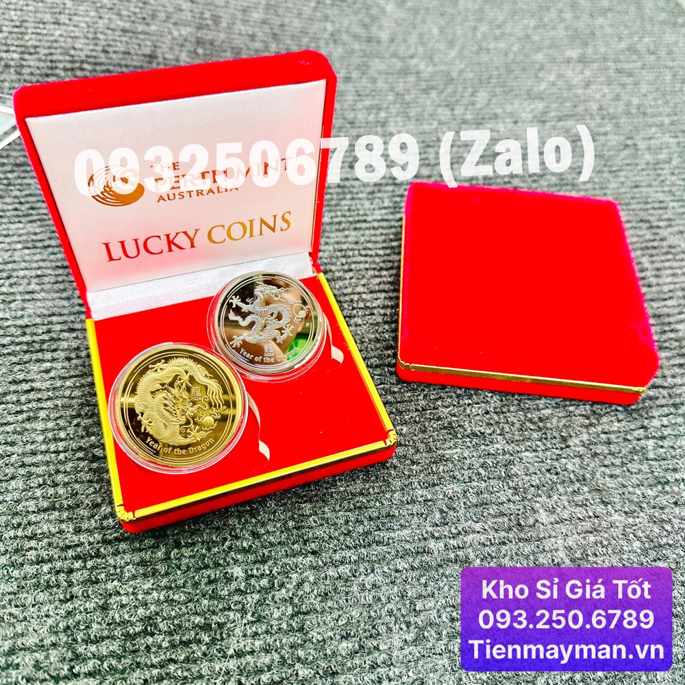 Quà tặng sếp Tết 2024 - Cặp Xu Hình Con Rồng Úc mạ kim loại vàng Bạc , tặng kèm hộp nhung nền đỏ