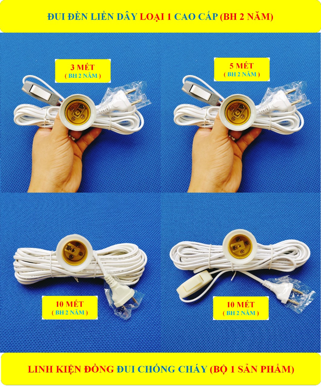 Đui đèn liền dây LOẠI 1 CHỐNG CHÁY đui E27 cao cấp (BH 2 NĂM) + Dây dài 3/5/10 mét + 1/0 công tắc (bộ 1 sản phẩm)