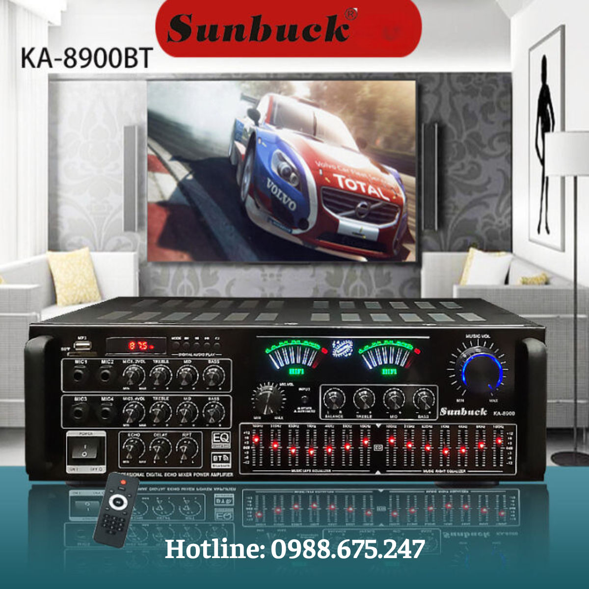 Amply karaoke Sunbuck KA- 8900 có kết nối bluetooth, đánh nhạc cực mạnh với 8 sò, âm thanh cực chất cực đỉnh, phù hợp cho dàn âm thanh gia đình , quán cafe, nhà hàng,...