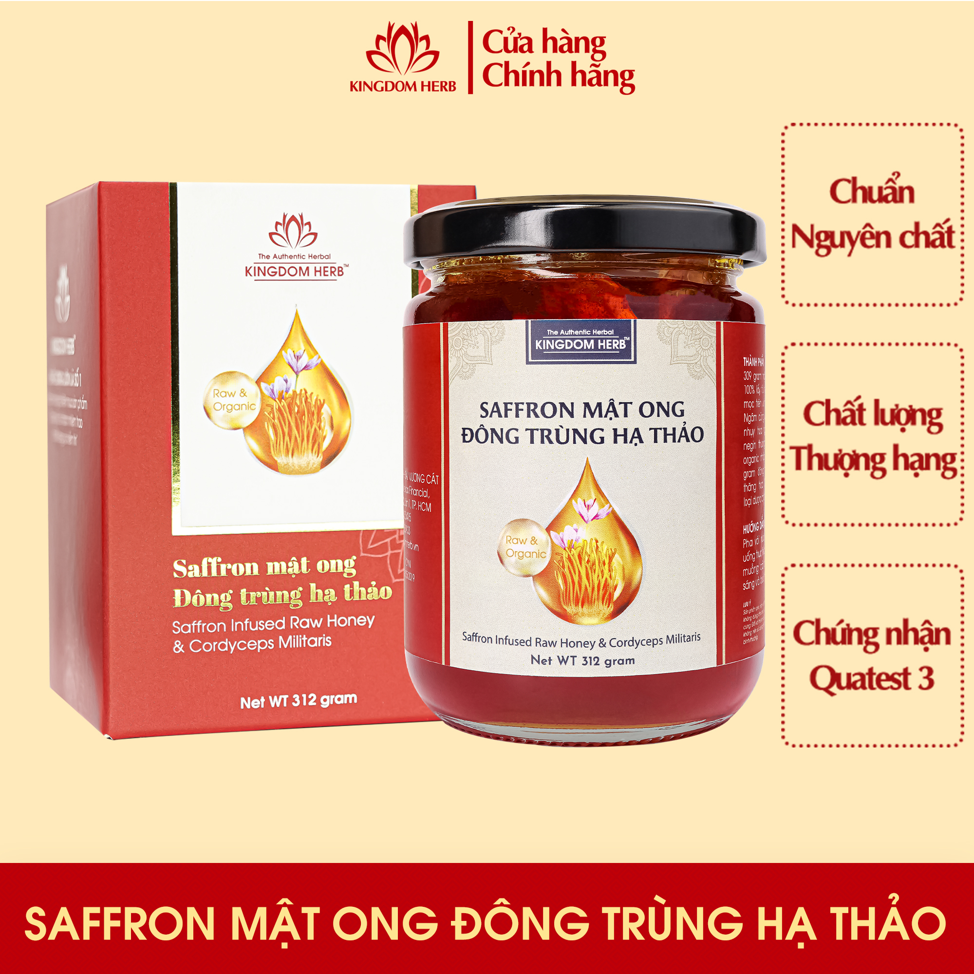 Saffron mật ong đông trùng hạ thảo Kingdom Herb chính hãng hộp 312g (2g đông trùng + 1g saffron + 309g mật ong)