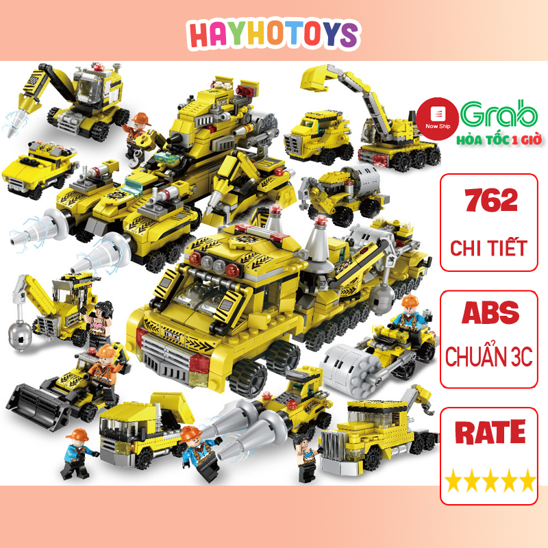 Bộ đồ chơi lắp ráp lego xe cẩu 762 chi tiết, lắp ráp lego xe công trình máy xúc / xe ủi / xe đục đồ chơi cho bé