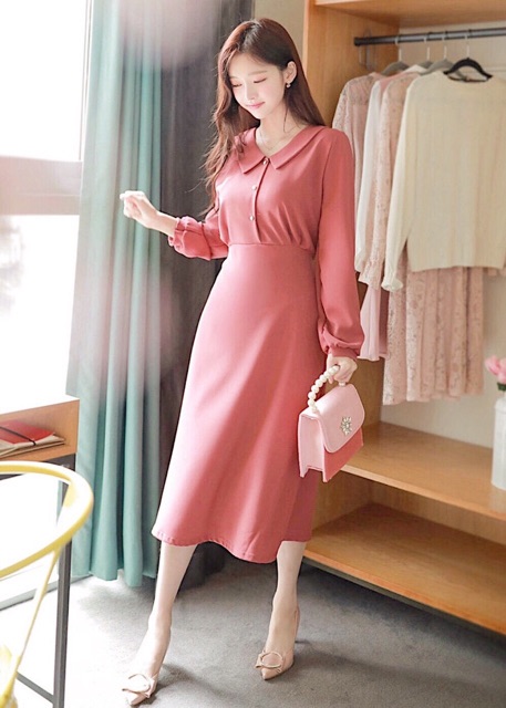 ĐẦM HỒNG RUỐC TAY DÀI, NÚT TRẮNG (có ảnh thật) MS135