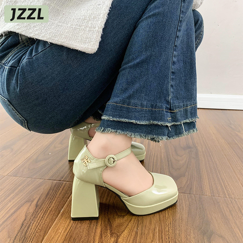 JZZL Giày cao gót Mary Jane mũi vuông bằng da sáng chế của Pháp Giày cao