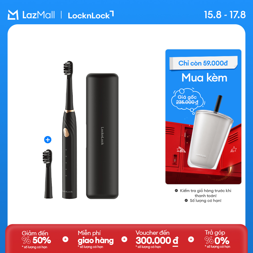 ENR321BLK - Bàn chải đánh răng điện LockLock Electric toothbrush DC3.7V, 1W - Màu đen 5 chế độ, sạc type-C, có hộp đựng du lịch