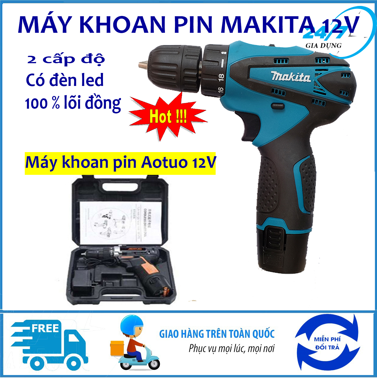 Máy khoan pin Makita 12V, máy khoan pin cầm tay ,máy khoan pin giá rẻ ,máy bắt vít,máy khoan mini- Máy khoan mini Aotuo 12V đa năng - Giadungbv247