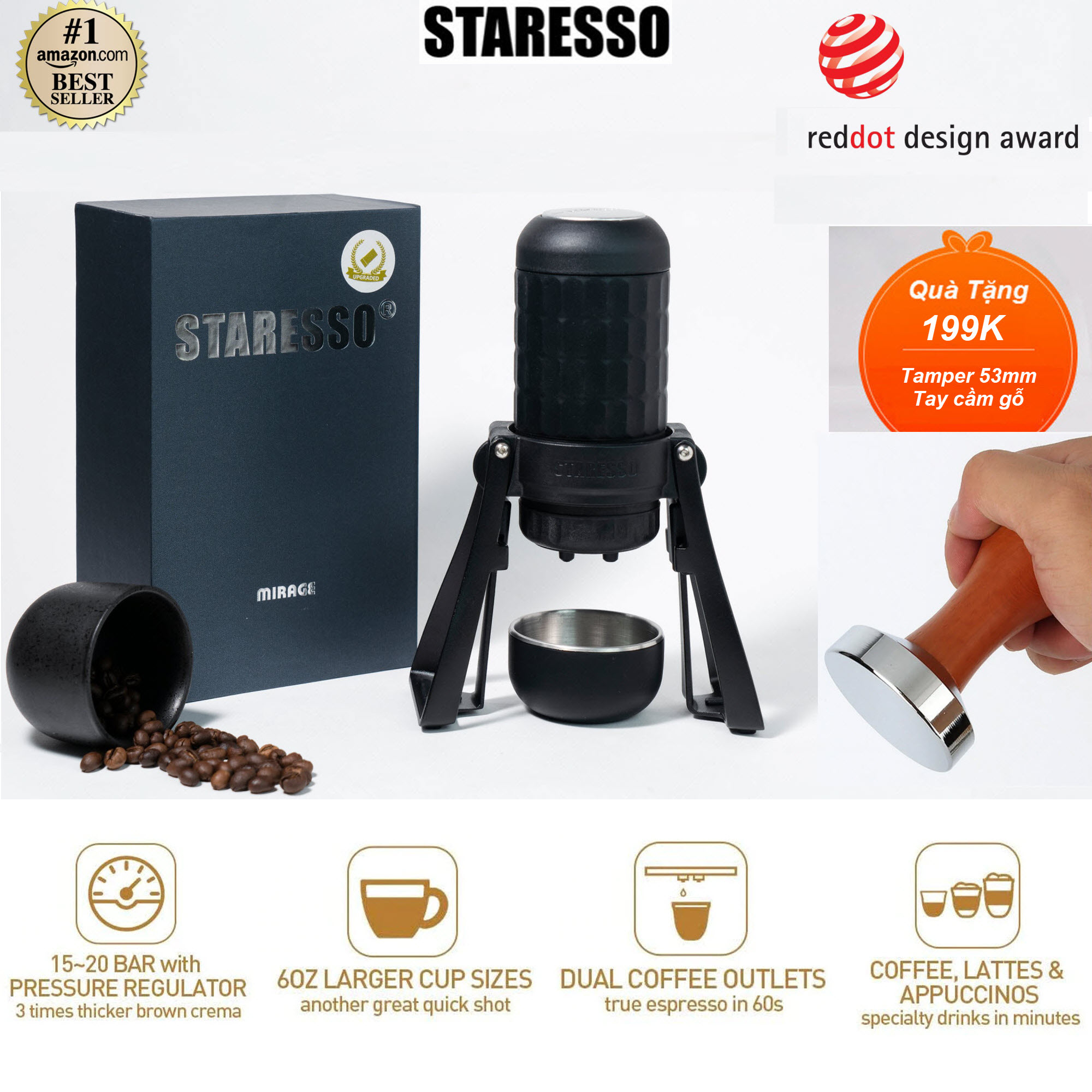 [Kèm Quà Tặng Trị Giá 199K] [BẢN MỚI 2021] Máy pha cafe cầm tay cao cấp STARESSO PRO (Mirage) áp suất 15Bar - Máy pha cafe cầm tay cao cấp STARESSO PRO Mirage pha double shots, không dùng pin và điện