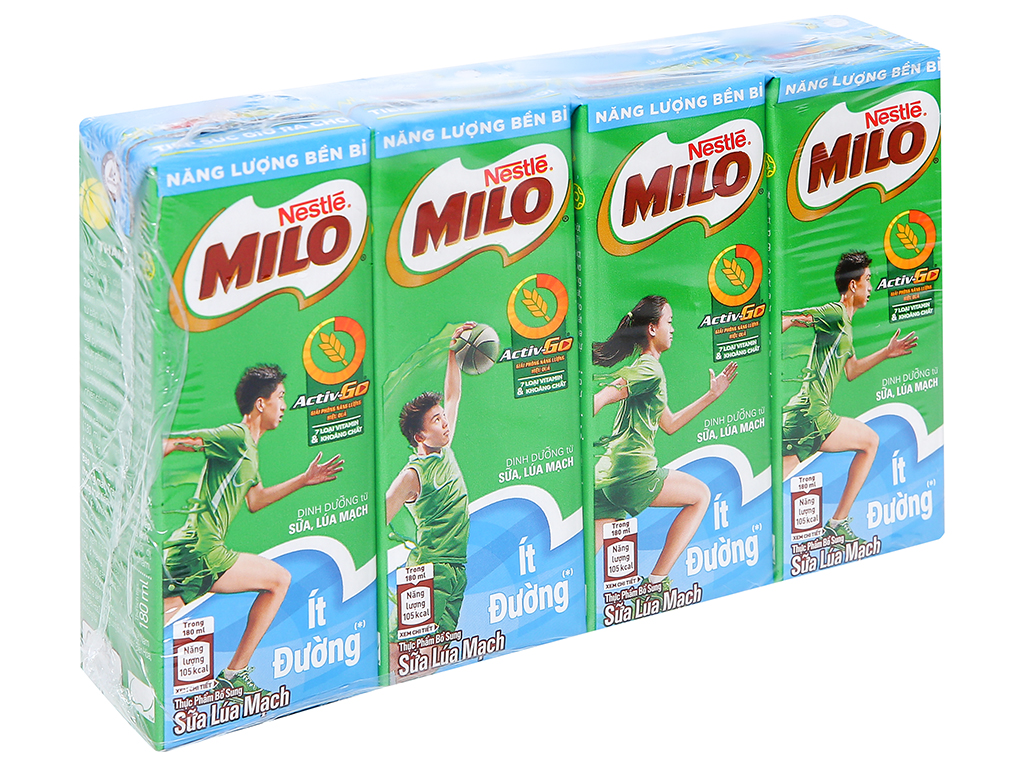 Lốc 4 hộp thức uống lúa mạch ít đường Milo Active Go 180ml