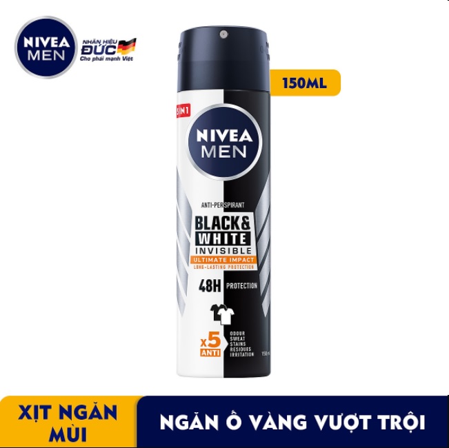 Xịt ngăn mùi nivea men black & white ngăn vệt ố vàng vượt trội 5in1 150ml
