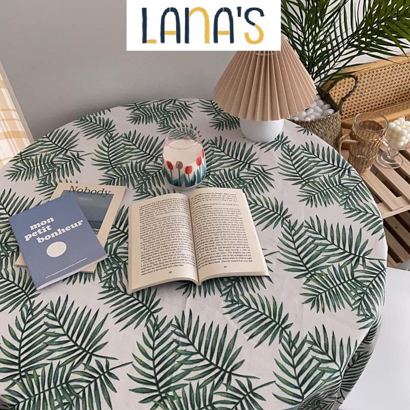 Khăn trải bàn vải canvas họa tiết lá kim viền ren