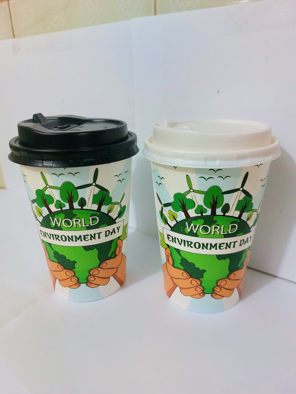 Ly giấy 16oz - 480ml, mẫu Trái Đất Xanh, Set 100-300 cái kèm nắp