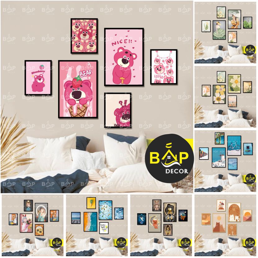 Set 6 tranh Gấu Dâu decor trang trí phòng ngủ, phòng khách, đồ decor bàn học, Bắp Decor