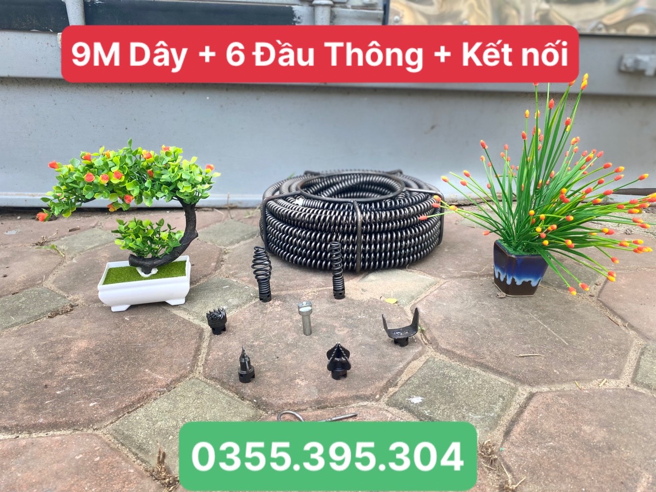 Dây thông tắc cống lò xo dùng máy khoan dài 9m + 6 đầu thông + kết nối máy khoan n cầu.