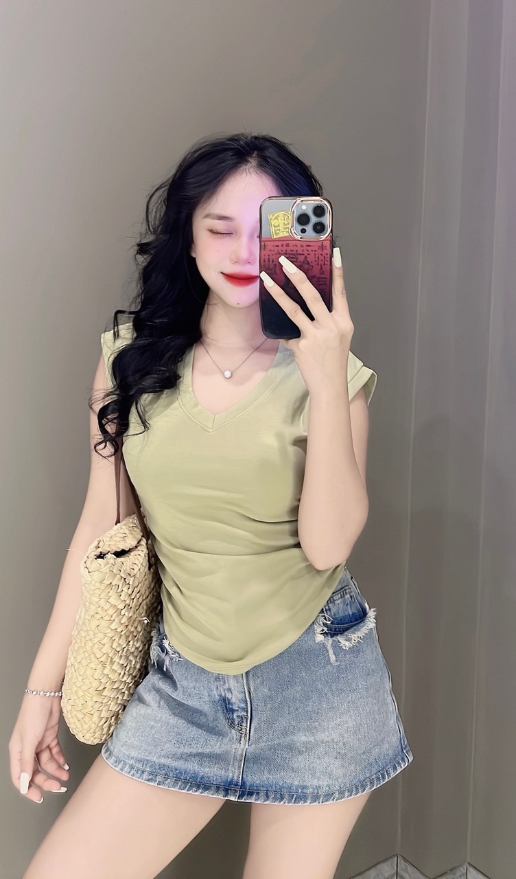 Áo thun ôm Nữ Cổ Tim Tay tay hến nhún eo