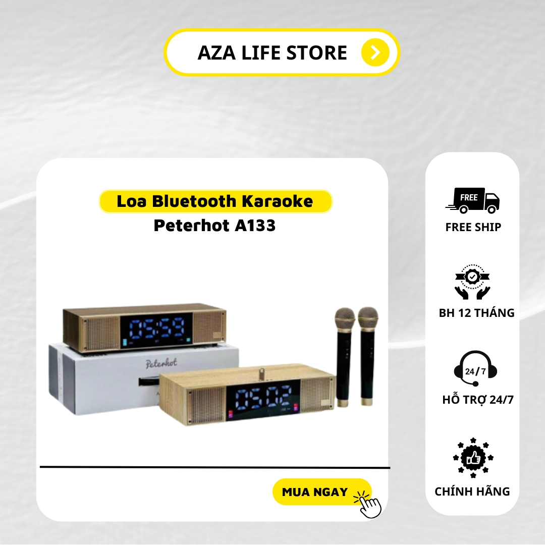 Loa bluetooth peterhot a133, loa karaoke kèm 2 mic không dây, màn hình lcd hiện thị, đèn led theo nhạc - bảo hành 12 tháng - lỗi 1 đổi 1 - aza life store