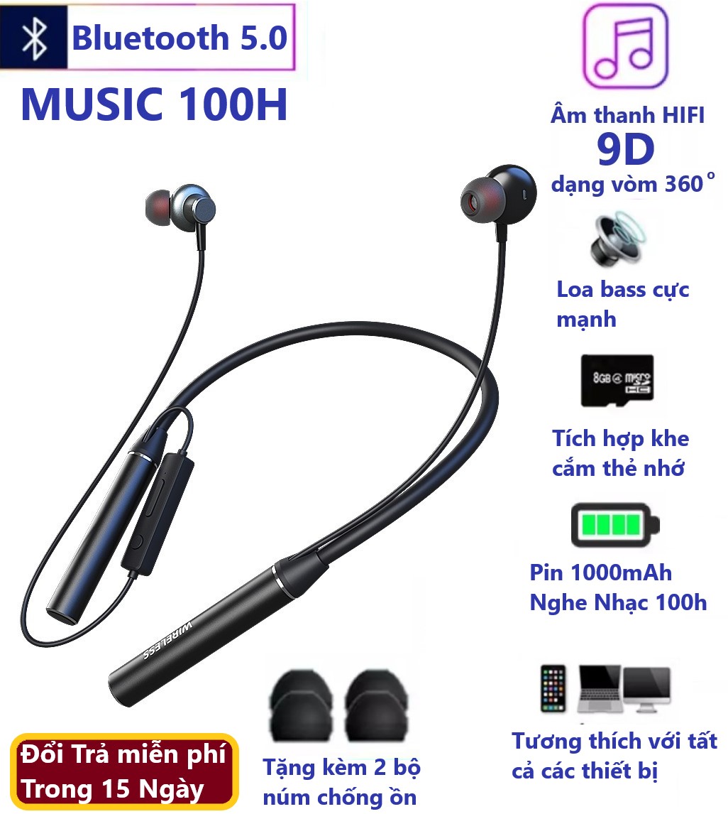 Tai Nghe Bluetooth Không dây Phiên bản 5.0 Pin 1000mAh Nghe Nhạc 100h Âm thanhn 9D, Chống ồn khi nghe thoại. Tai Nghe Bluetooth Thể Thao, Tai Nghe Chơi Game.