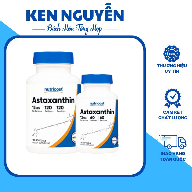 Viên Uống Nutricost Astaxanthin 12mg Chống Lão Hoá, Trẻ Hoá Cơ Thể  lọ 120 Viên và 60 Viên