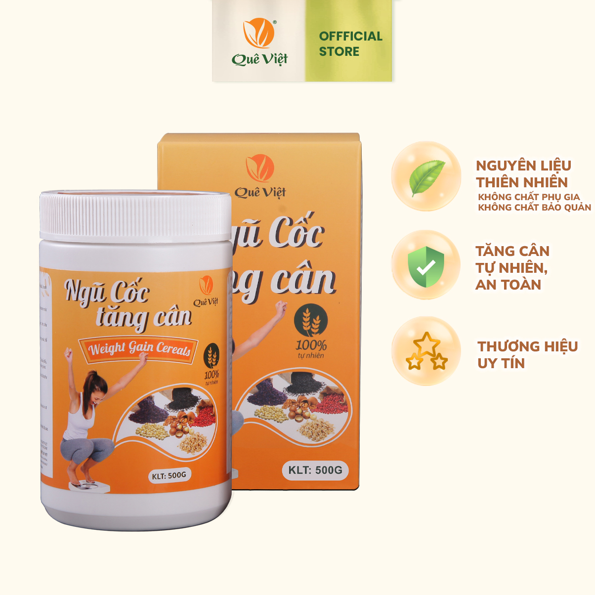 Ngũ cốc tăng cân Quê Việt hộp 500gr - 100% nguyên liệu hữu cơ, cung cấp protein, chất xơ, vitamin C; cải thiện khả năng hấp thụ, giúp tăng cân tự nhiên, làm đẹp da, trắng sáng; bổ gan, tim, tiêu nóng, giải độc (1 hộp*500g) (