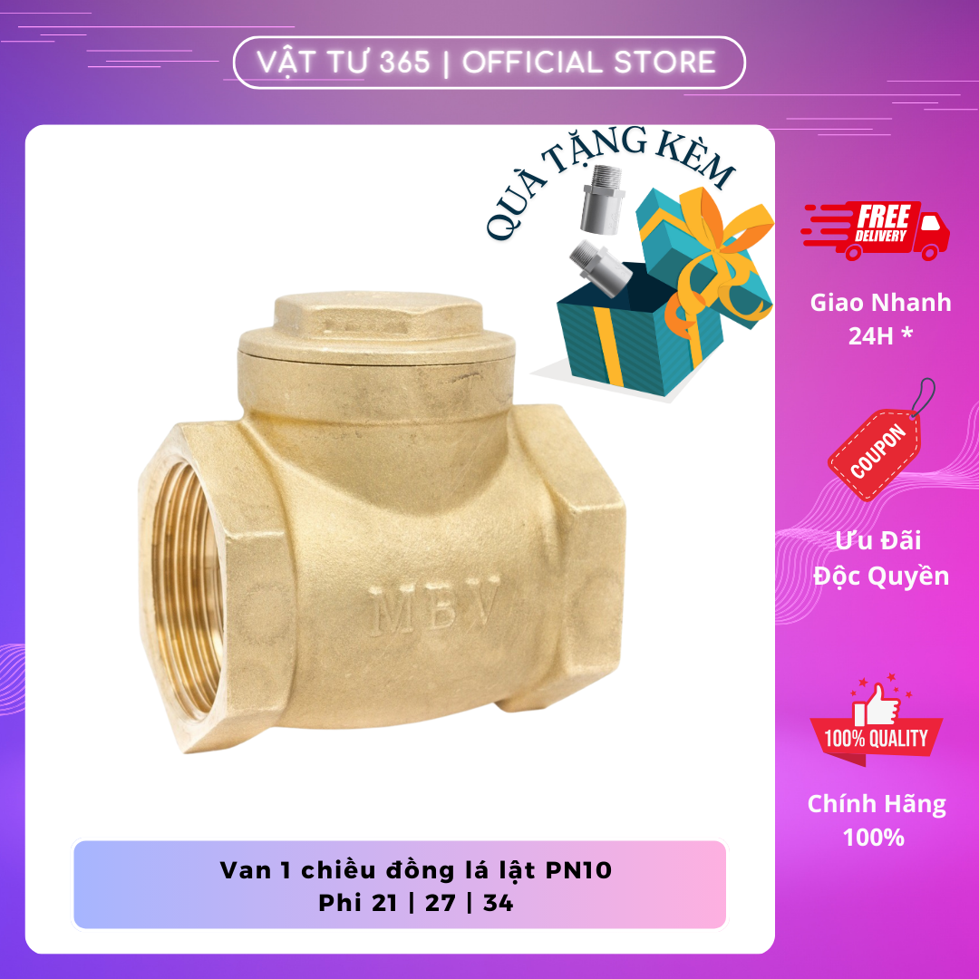 Van 1 chiều đồng lá lật minh hòa pn10 phi 21 phi 27 phi 34 - tặng kèm ren nhựa