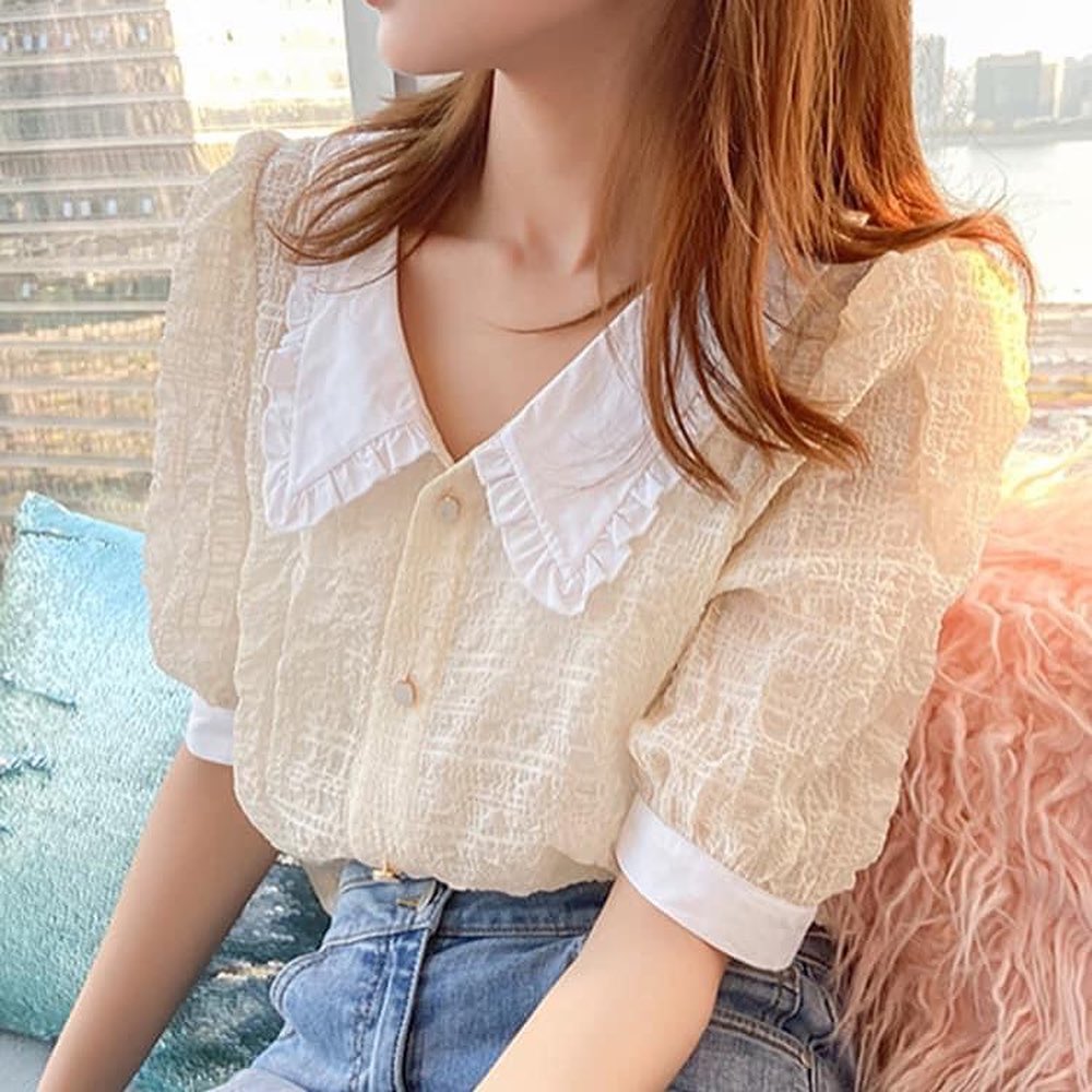 Áo sơ mi TRẮNG cổ bèo tay ngắn khuy ngọc thanh lịch hiện đại