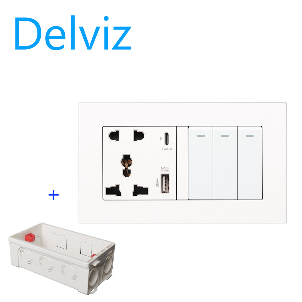 Delviz 3GANG/2WAY+ wall-mounted European standard Type-C fast charging PD 18W 3100mA socket with socket mounting box, 146mm*86mm.
