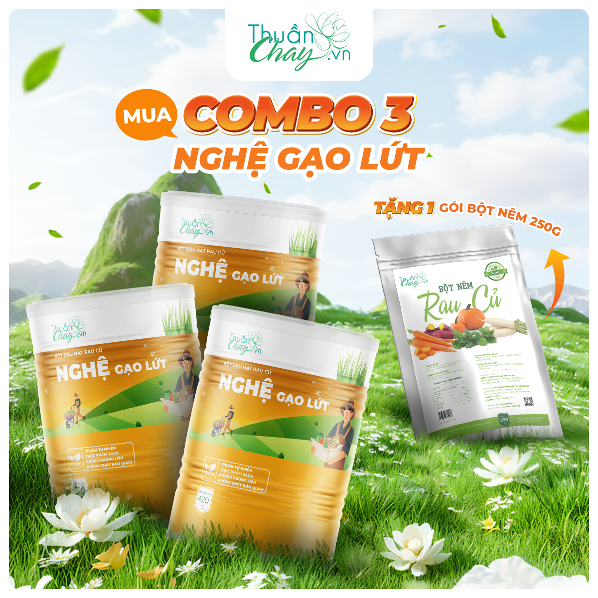 [COMBO 3 TẶNG BỘT NÊM 250G] BỘT ĐẬU HẠT RAU CỦ NGHỆ GẠO LỨT - 420g