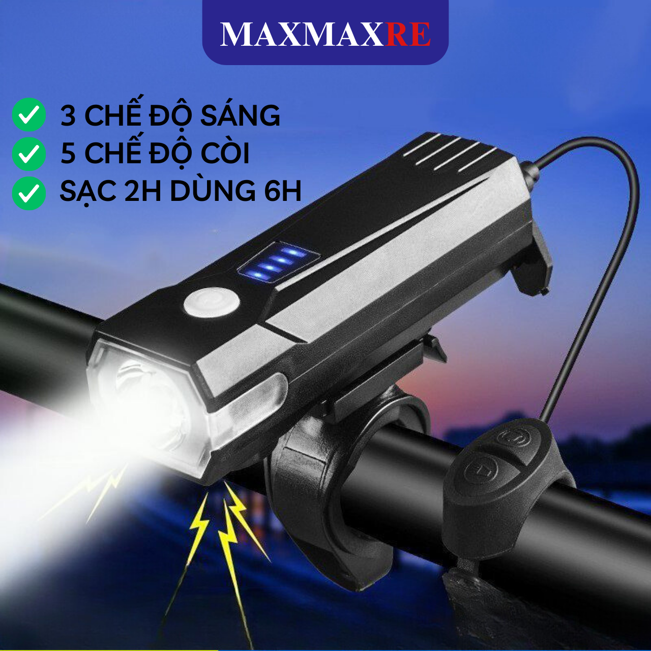 Đèn xe đạp thể thao đèn led siêu sáng chống nước còi to pin sạc usb full phụ kiện, đèn tín hiệu gắn xe đạp - DC331