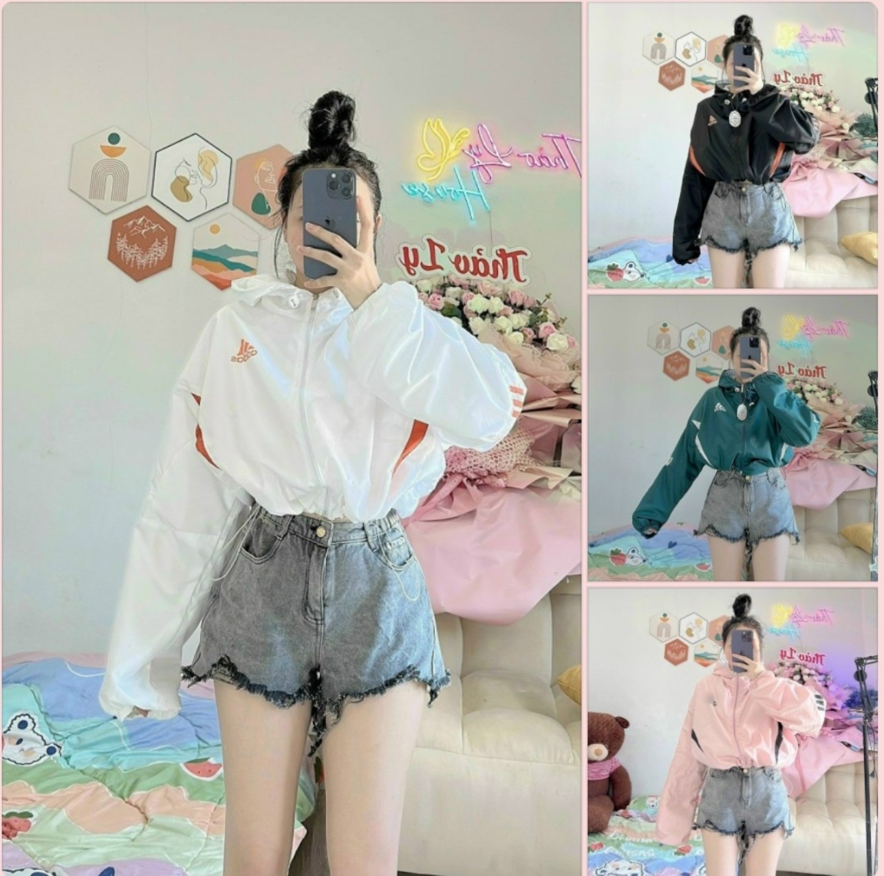 Áo khoác dù Nữ có nón kiểu cánh dơi dây rút xịn sò logo addidass mẫu mới siêu trend 777khoac1206