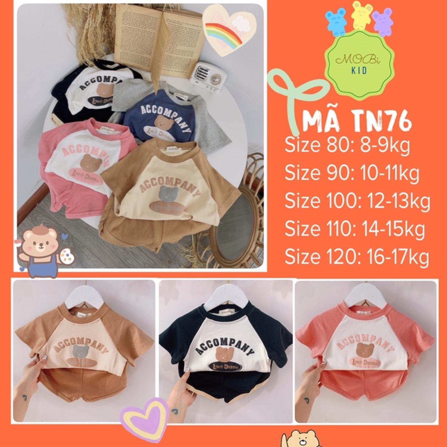 Tn76 bộ thun tăm phối zip in gấᴜ accompany cho bé từ 7kg đến 17kg