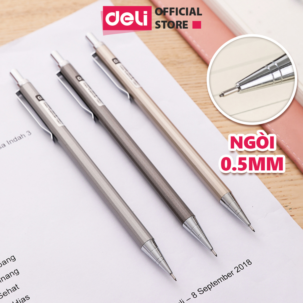 Bút chì kim bấm kỹ thuật học sinh 0.5mm/0.7mm Deli kèm đầu tẩy thân kim loại chắc chắn, chống hao mòn - 1 chiếc - E6490