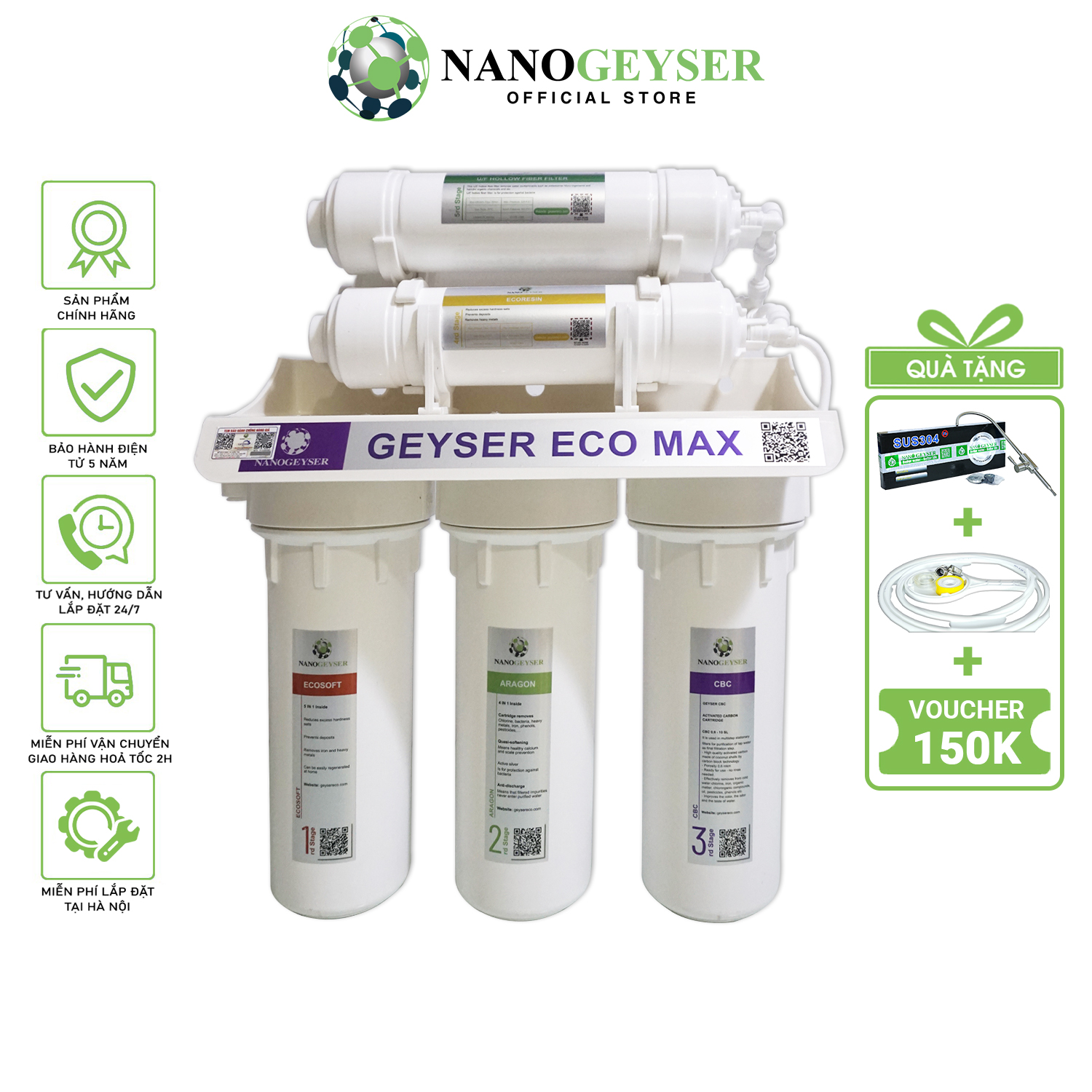 Máy lọc nước Nano Geyser ECO MAX, Công nghệ lọc và diệt khuẩn kép Nano + UF, Bảo hành điện tử 5 năm qua app chính hãng