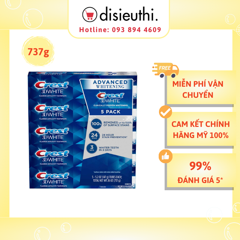 SET 5 TUÝP KEM ĐĂNH RĂNG CREST 3D WHITE ADVANCED TRIPLE WHITENING 147Gx5 Trắng răng gấp 3 lần, ngăn ngừa sâu răng, bảo vệ men răng Crest 3D White Advanced Triple Whitening Toothpaste 5-pack