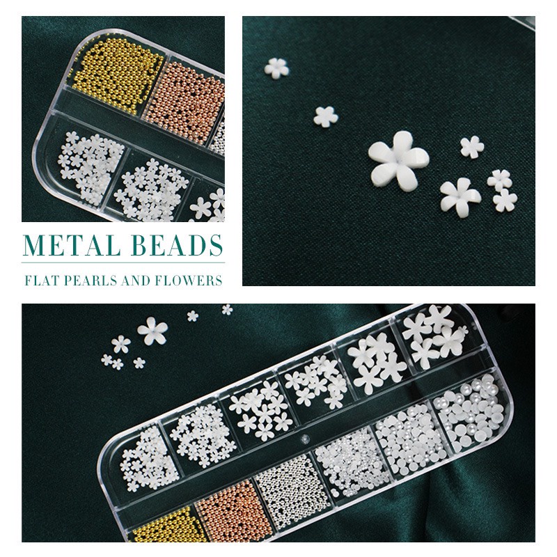 Set Charm hoa sứ mix bi trang trí nail, set charm hoa nhí mix bi trang trí móng tay hộp 12 ô nhiều size