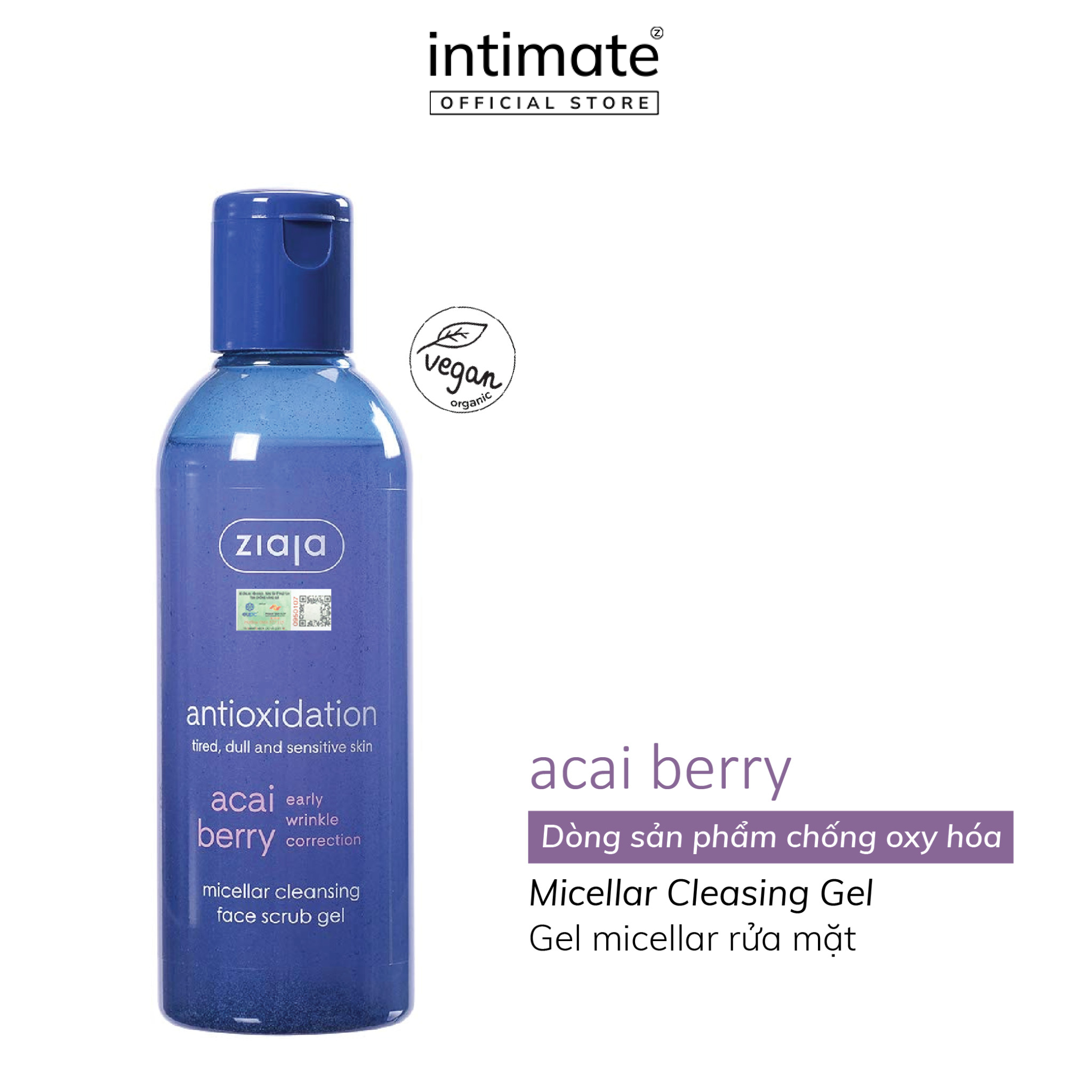 Gel rửa mặt acai berry micellar cleansing face scrub ziaja baniphar chống oxy hóa và loại bỏ độc tố cho da 200ml