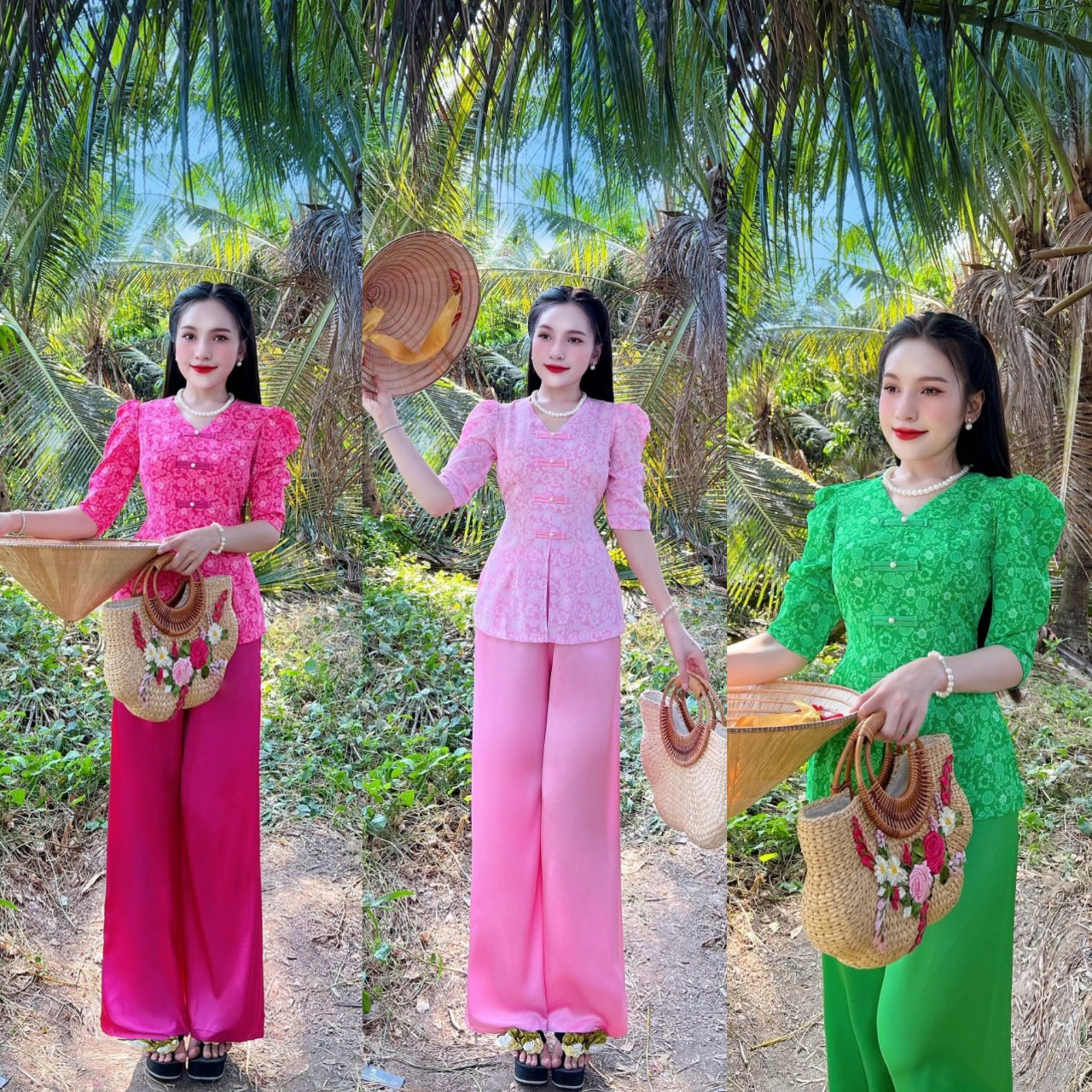 Sét bộ bà ba cổ tim tay lỡ chất lụa mango cao cấp