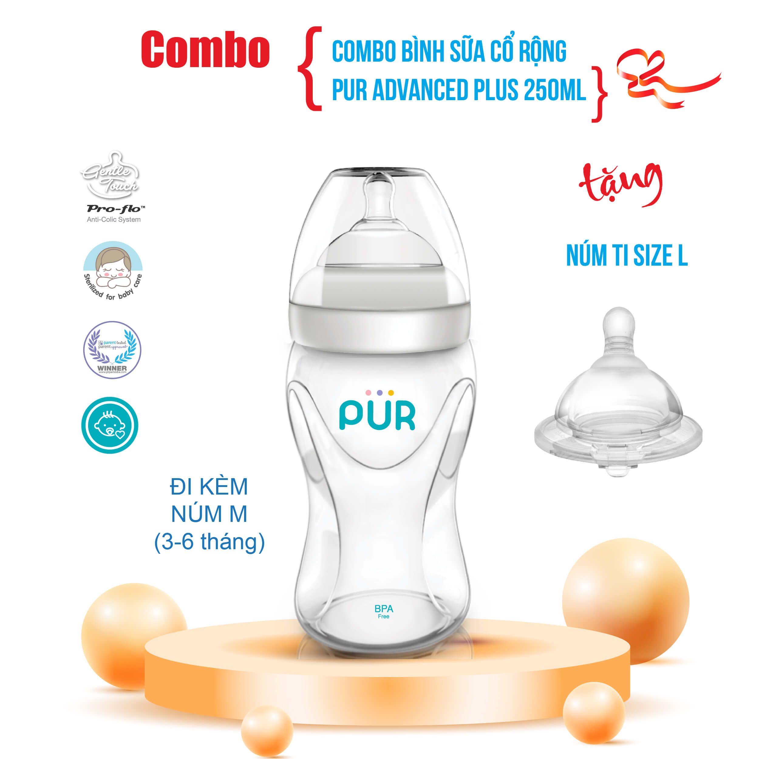 Combo bình sữa cổ rộng Pur Advanced Plus 250ml + núm L, bình có kiểu dáng mới, có eo giúp bé dễ cầm và ôm bình tự bú sữ