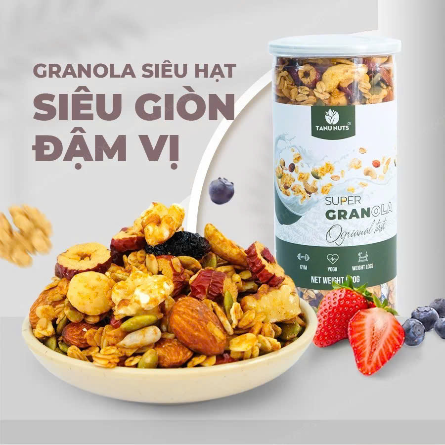 Granola siêu hạt 15% yến mạch TANU NUTS hũ 500g ngũ cốc granola mix hạt dinh dưỡng ăn kiêng giảm cân.
