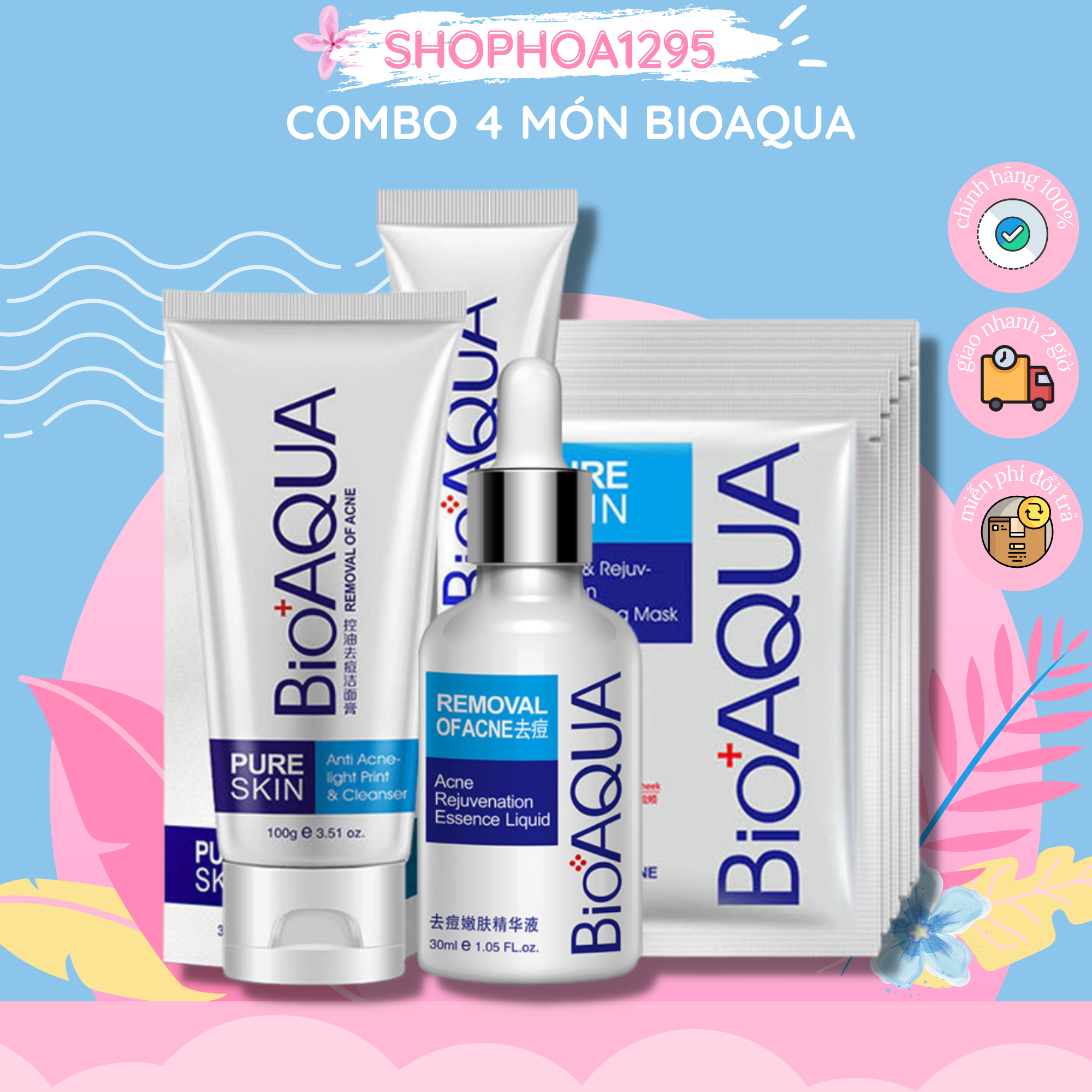 Combo 4 Món  Mụn Bioaqua bộ ngừa mụn pure skin  Sữa Rửa Mặt + 2 Mask+ Serum+ Kem  Mụn ( Sản Phẩm Đăng Lại )