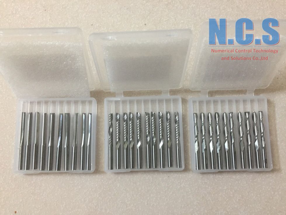 Hộp 10 mũi dao cắt gỗ CNC 3.175x22 xoắn, thẳng 1 và 2 lưỡi, hàng bình dân