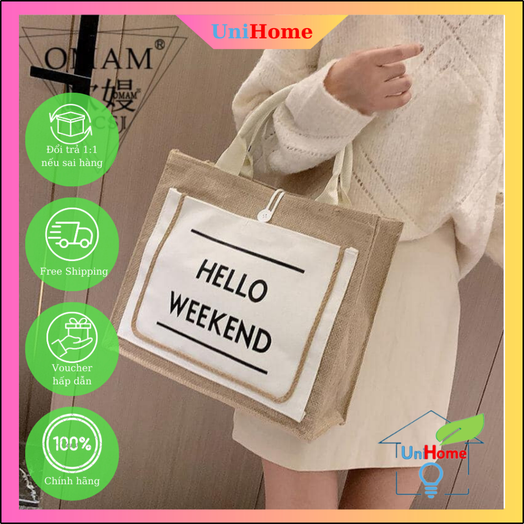 Túi cói đi biển đi du lịch hello weekend